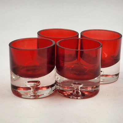 4 Red Flashed Short Highball Shot Glass Tea Lite Bubble Base 2.5"h Thick Barware