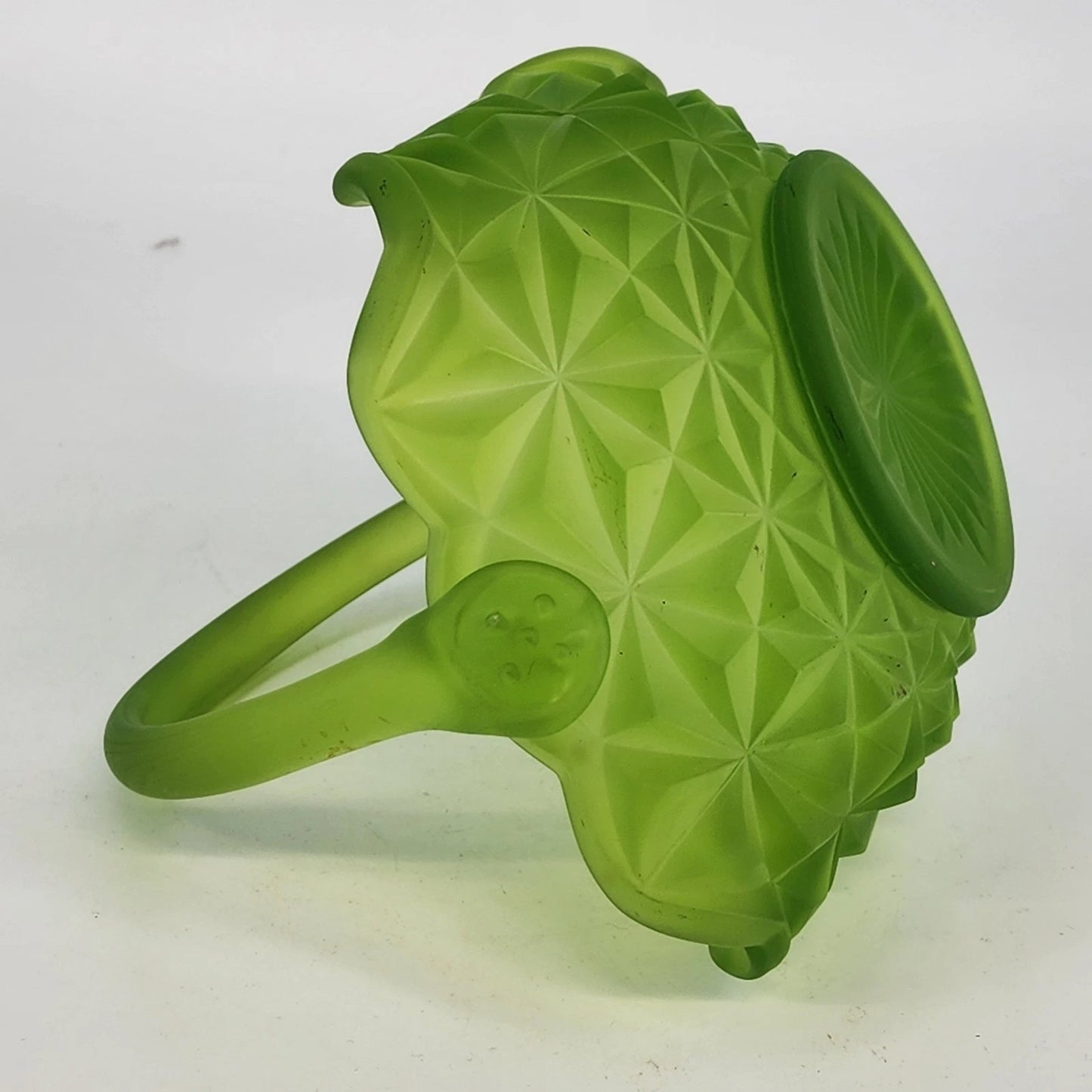 Westmoreland Green Satin Glass Basket Diamond Point Ruffled Candy Dish 6.5" Vtg