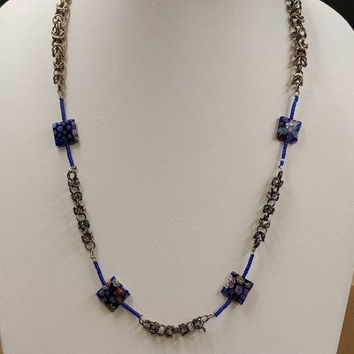 Millefiori Floral Murine Glass Bead Necklace Bronze Tone Byzantine Silver Chain