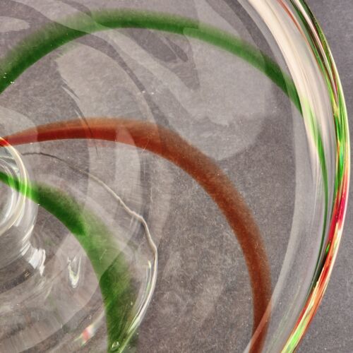 Hand Blown Clear Art Glass Pedestal Cake Plate Red Green Swirls 12.5" d x 5.5" h