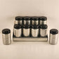 Spun Aluminum Salt Pepper 8 Named Spices and Rack Black Bakelite Lids W Germany