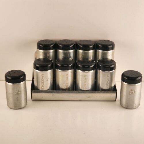 Spun Aluminum Salt Pepper 8 Named Spices and Rack Black Bakelite Lids W Germany