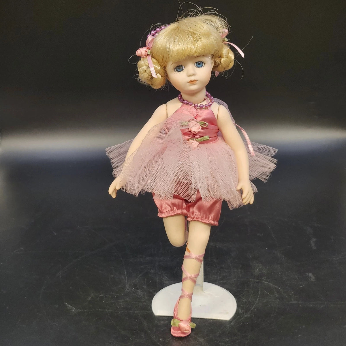 Porcelain Ballerina Doll Blonde Blue Eyes Pink Tutu Shoes Ballet Pose Stand 12"