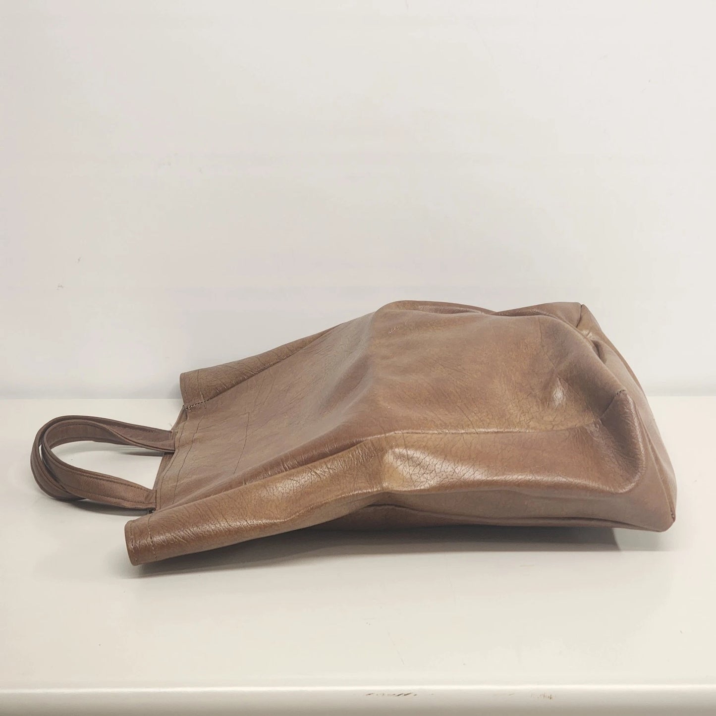 Brown Faux Leather Women's Tote Bag Large Shopper Korean Style Minimalist 16"h