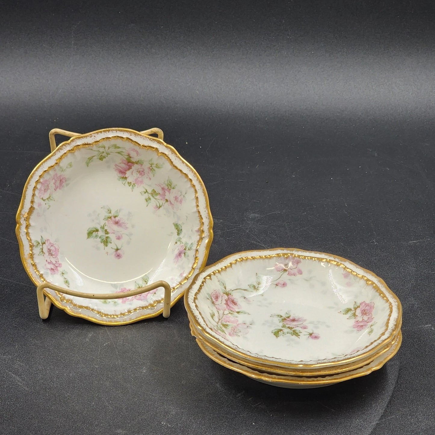 4 Limoges Fruit Dessert Bowls 5.5" The Ardennes Pink Roses Gold Haviland France