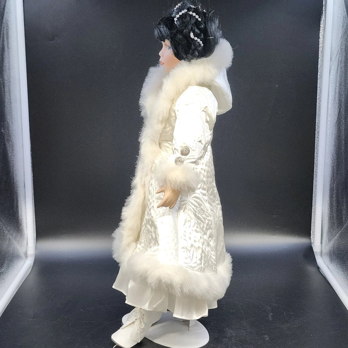 Porcelain Victorian Woman Ice Skater Doll White Faux Fur Gown Purse 21" Vintage