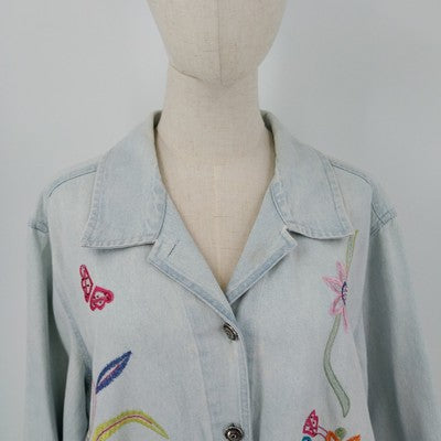 White Stag Light Denim Jacket XL Floral Embroidery 100% Cotton