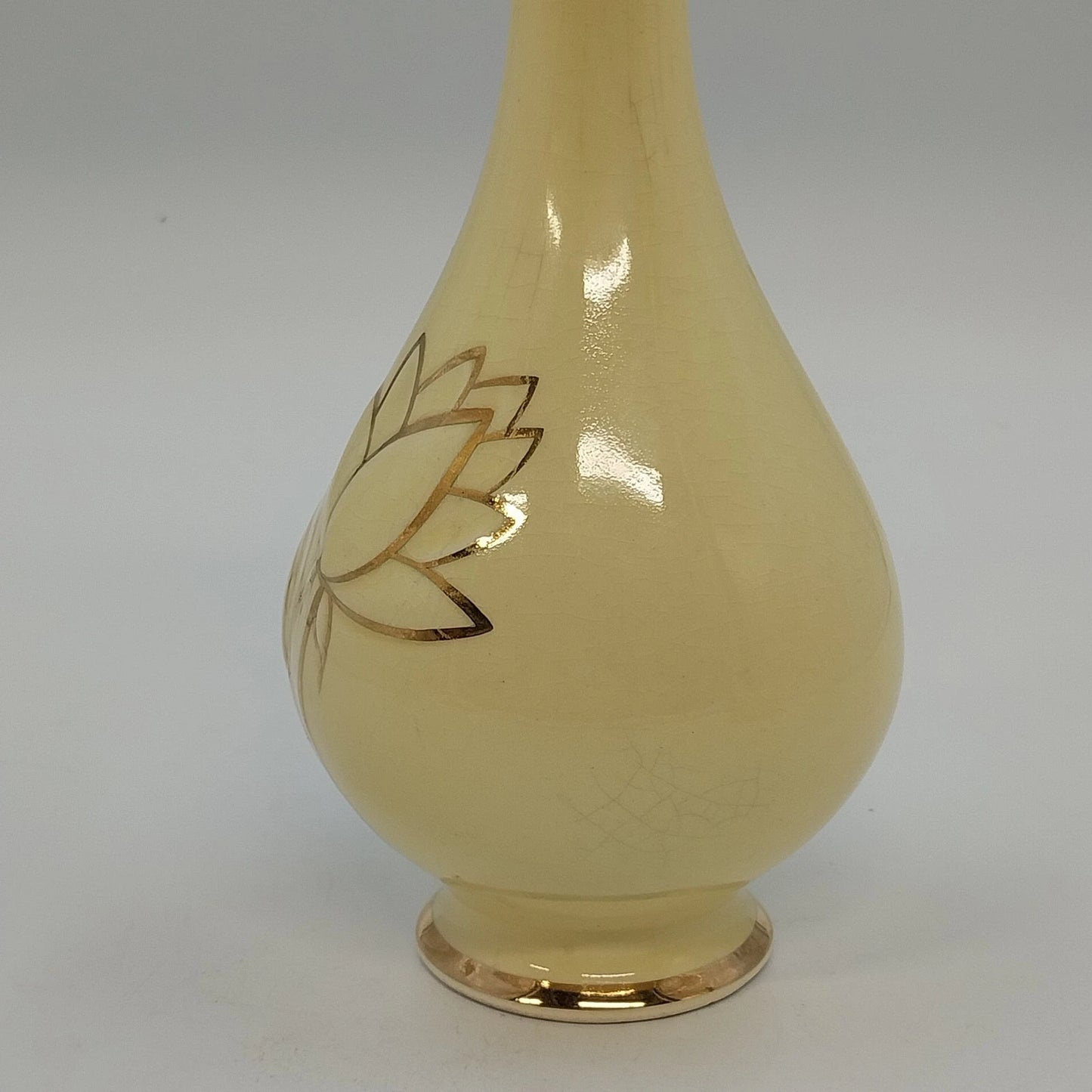 Golden Ware Bud Vase 22K Gold Lotus Floral Yellow Ceramic 9" Vtg Fluted Crazed