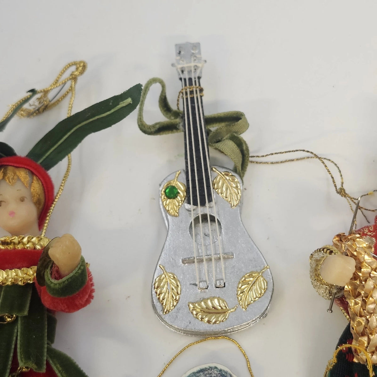 Christmas Ornaments Lot 4 Elf Knitting Lady Guitar Newfoundland Dog Mixed Media