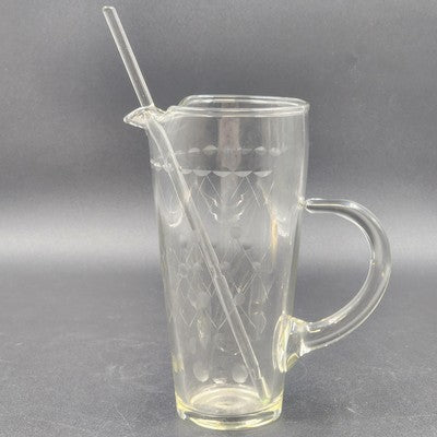 Etched Clear Glass Martini Pitcher 1 Qt w/ Stirrer Fused Handle 8"