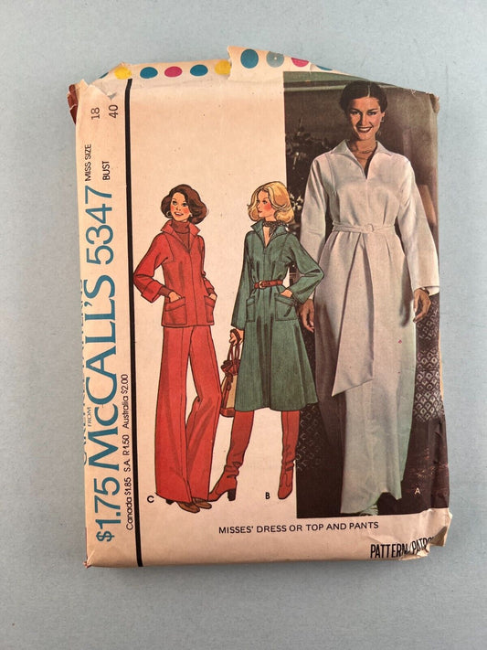 McCall's 5347 Vintage Sewing Pattern 1976 Misses' Dress or Top and Pants Size 18
