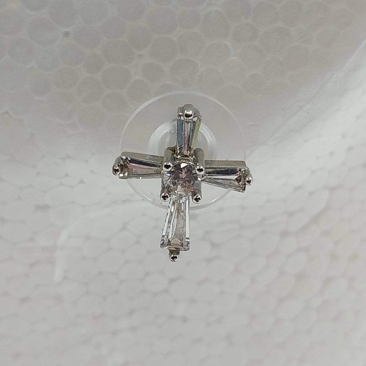 Silver Tone Cross Stud Earrings Clear Baguette Round Stones Religious Jewelry