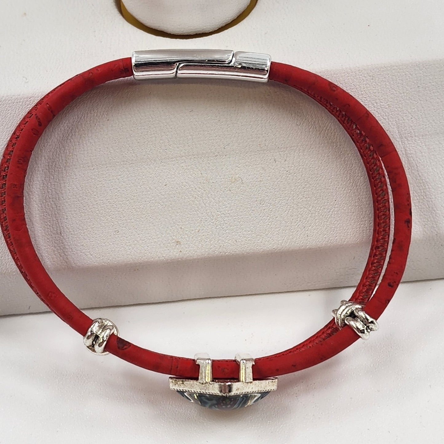 Red Cord Bracelet w/ Silver Tone Mosaic Slide Charm Boho Jewelry Magnetic Clasp