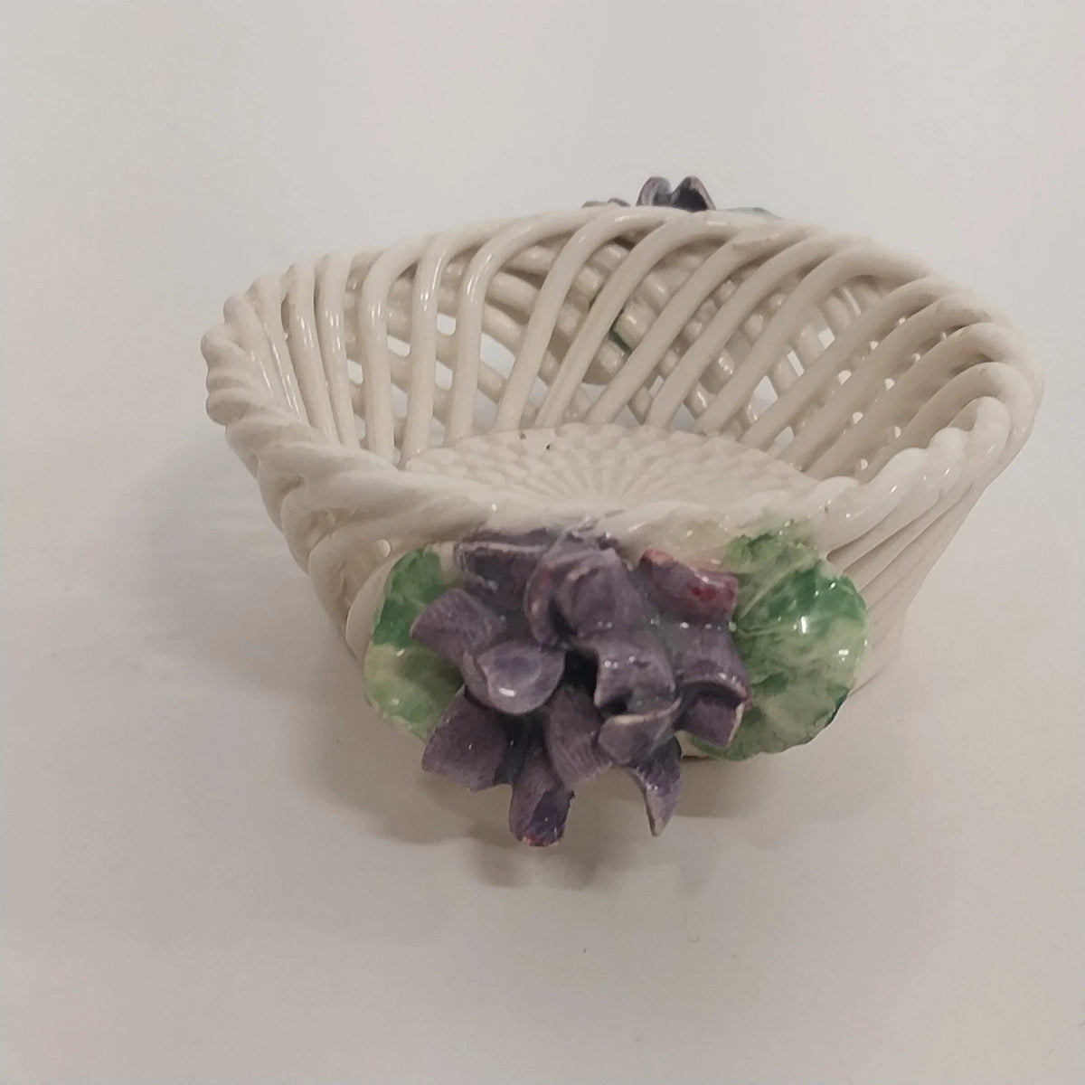 Italian Ceramic Lattice Trinkets Baskets Purple Violets Floral Pair 3" Vintage