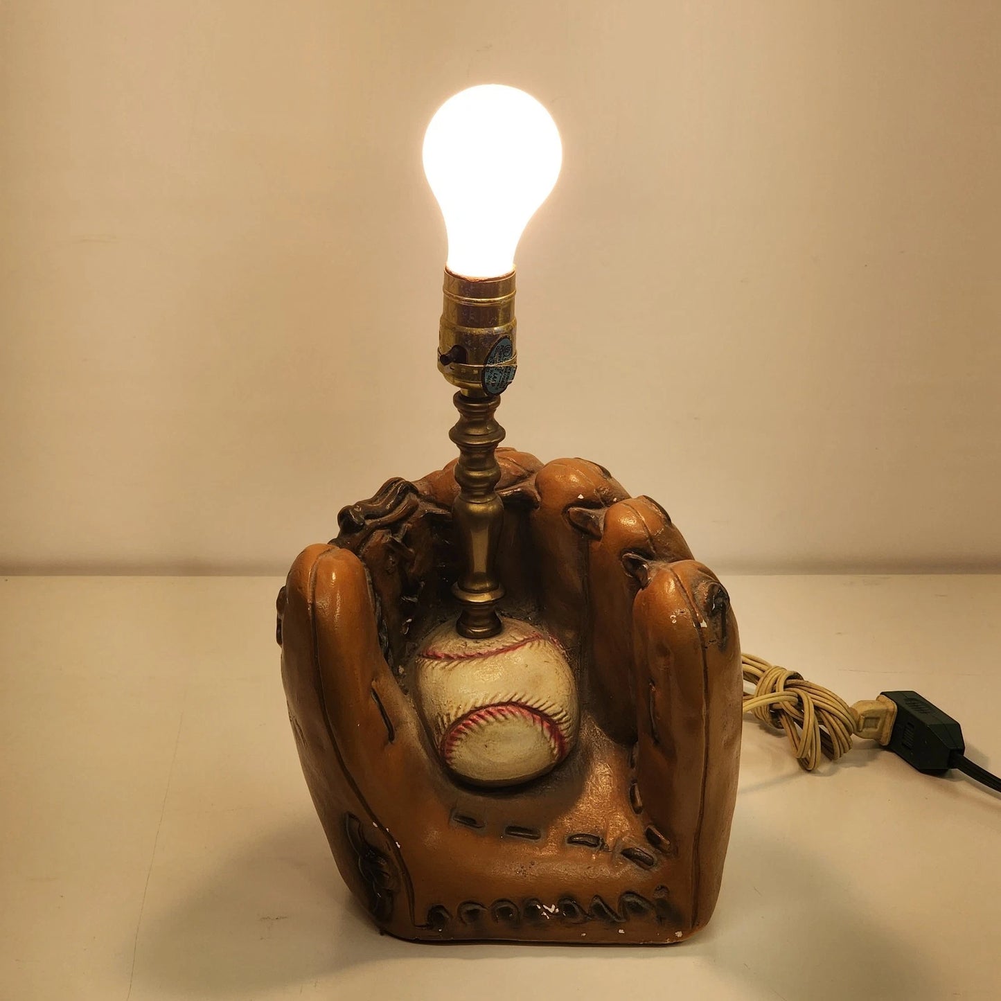 Chalk Table Lamp Brown Glove with Baseball 12" Vintage Sports 1970's No Shade