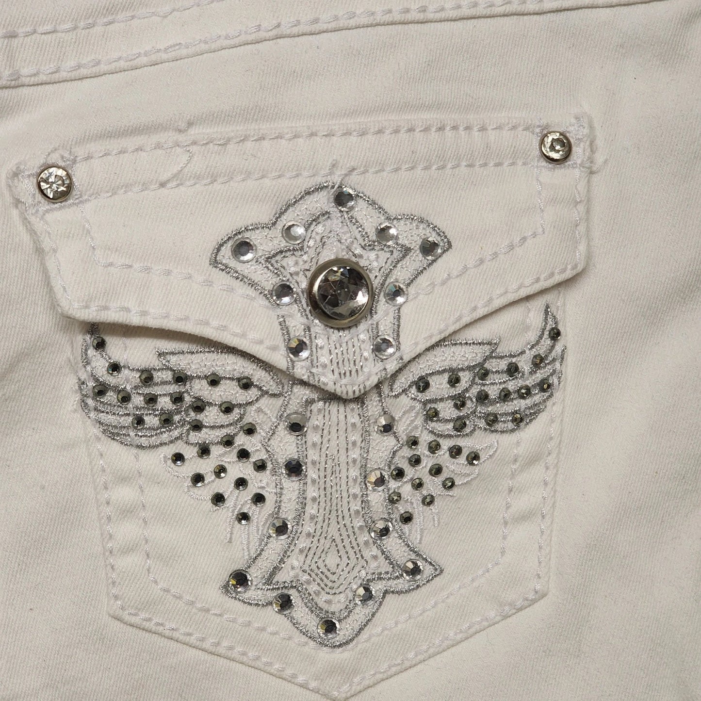 Earl Jean White Rhinestone Straight Leg Cuffed Denim Jeans 10
