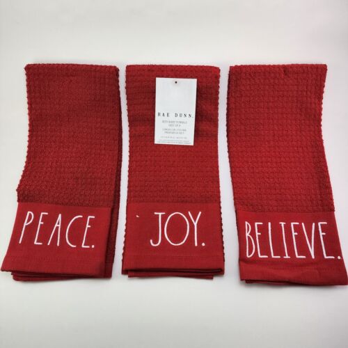 Rae Dunn Christmas Red Kitchen Towels 3 Pack Embroidered with Peace Joy Believe