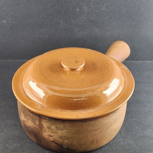 GMT Co French Poelon 8" Skillet with Lid Clay Terra-Cotta Ochre Glazed Antique