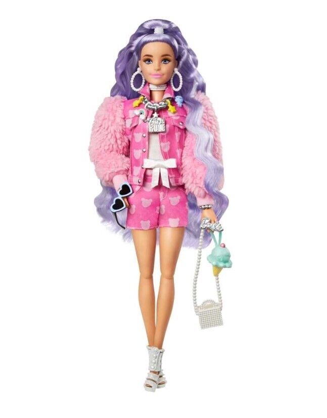 Barbie Extra Doll #6 Pink Teddy Bear Print Denim Jacket Periwinkle Hair Puppy