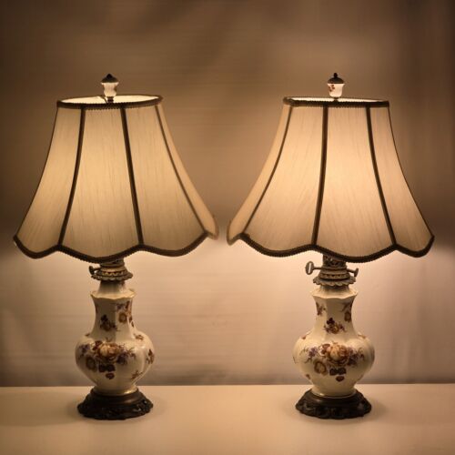 2 Porcelain Vintage Table Lamps Ornate Metal Base & Neck and Shades C&S NY 544