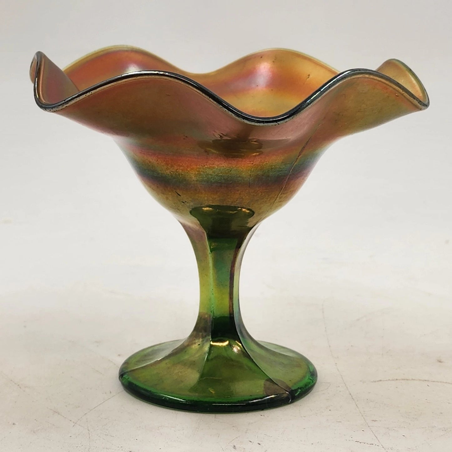Northwood Carnival Glass Green Smooth Ray Compote Dish Ruffled Iridescent 1908