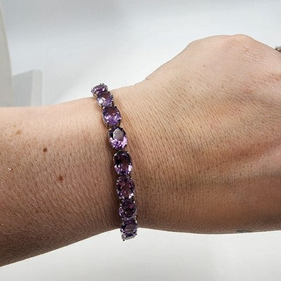 Silver Tone & Purple Crystal Glass Faceted Rhinestone Black Corded Bracelet 3.5"