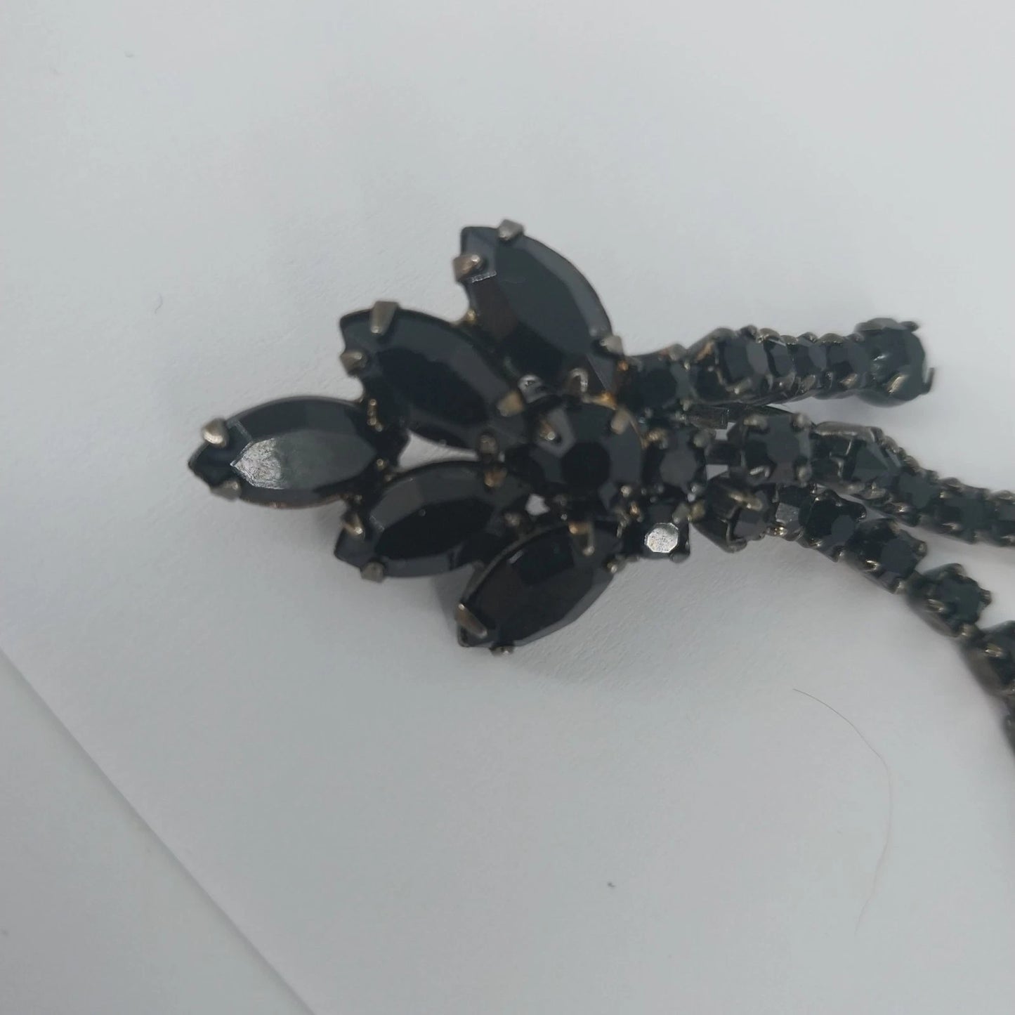Black Crystal Cluster Dangle Earrings Gunmetal Rhinestone 2" Fashion Jewelry Vtg