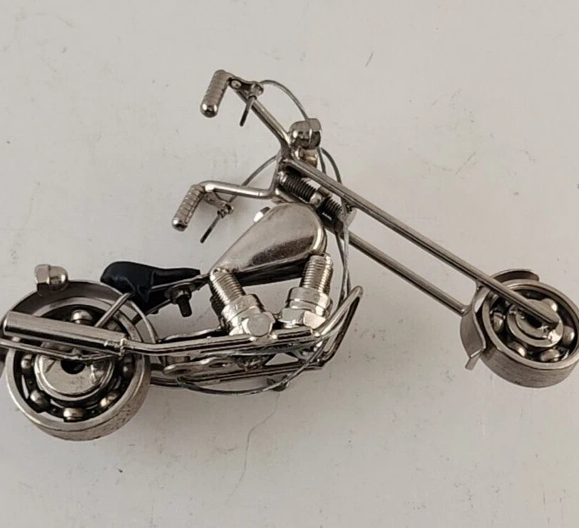 Metal Scrap Art Chopper Motorcycle Sculpture Spark Plug Nut Bolt Figurine 7.5"