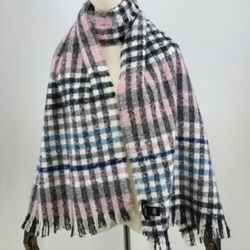 Marcus Adler Plaid Scarf Black Multicolor Fringed 25"x81" Soft Polyester Wrap