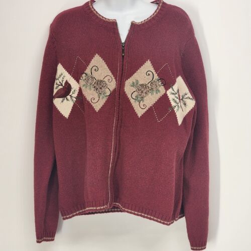 Red Closed Knit Zip Up Cardigan W Birds/Flower Pattern Petite NOS Croft&Barrow