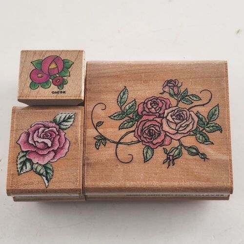 3 Pack Rubber Stamps Roses Design Wooden Backs California Lightly Used