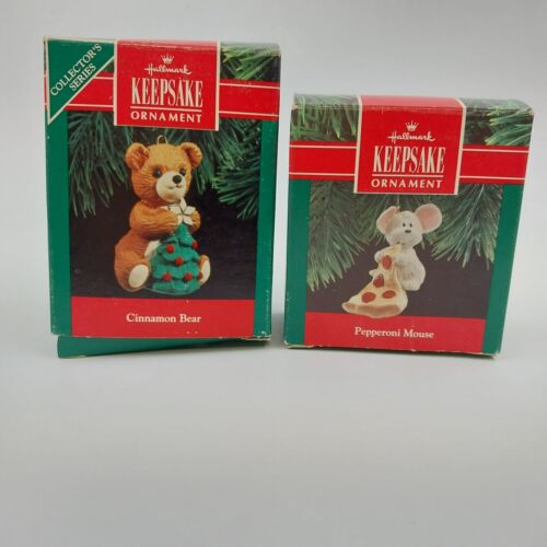 2 Hallmark Keepsake 1990 Christmas Ornaments PEPPERONI MOUSE Cinnamon Bear Vtg