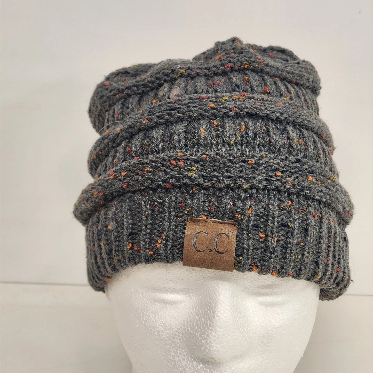 C C Cozy Confetti Beanie Dark Grey Knit Winter Hat Multi-Color Fleck One Size