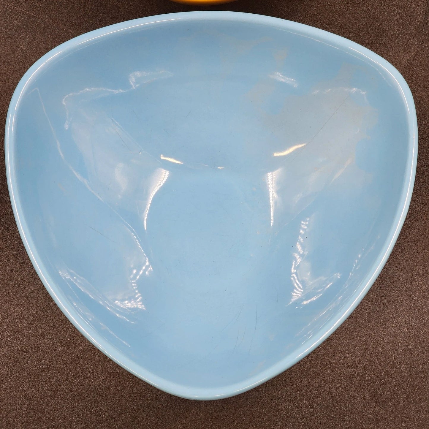 2 Buffalo China Triangle Bowls 9.25” Oneida Yellow Lemon Drop & Blue Hawaiian