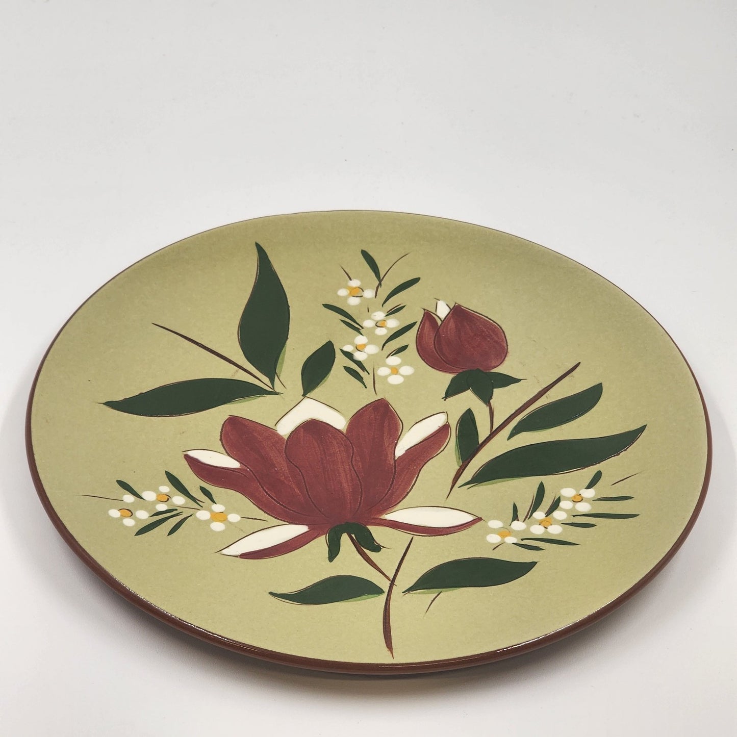 Magnolia 10" Dinner Plate by Stangl Pottery Vintage Trenton NJ Dark Red Flowers