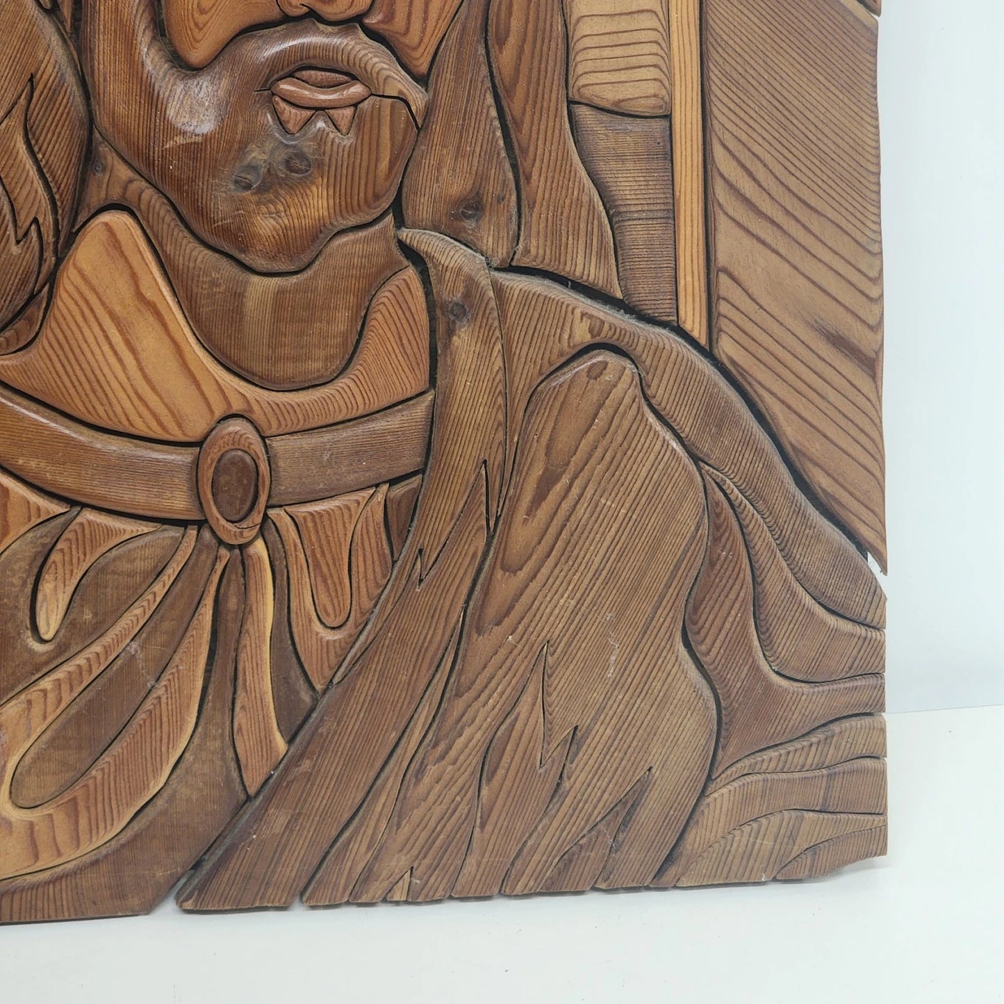 Wood Intarsia Jesus Christ Wall Art Carved Panel 24" Sq Religious Vintage