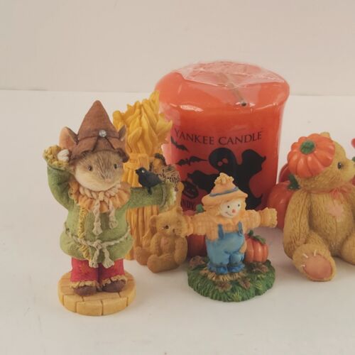 10 Piece Halloween Miniature Figures w 2 Candles Plus Bears Mice Cats Scarecrow