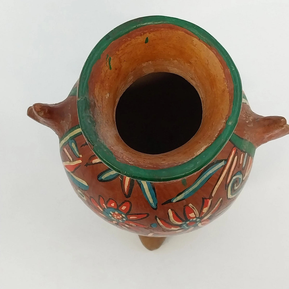 Hand Painted Floral Terracotta Tripod Vase Mexican Pottery Brown Multicolor 6.3"