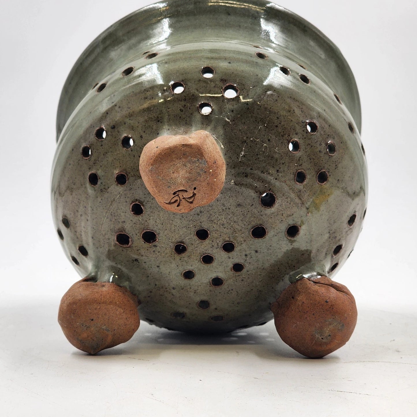 Handmade Pottery Berry Colander Strainer Green Studio Artisan Signed 7"