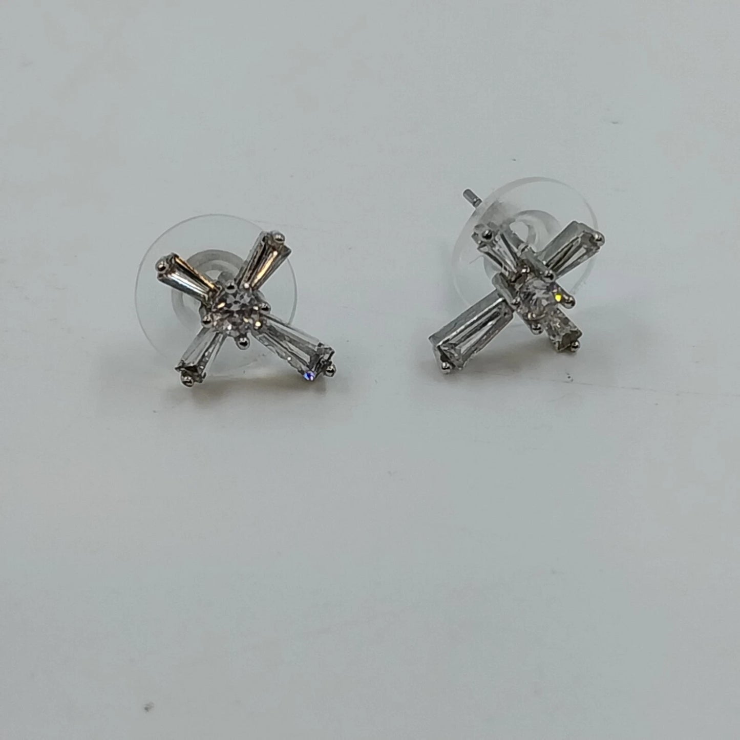 Silver Tone Cross Stud Earrings Clear Baguette Round Stones Religious Jewelry