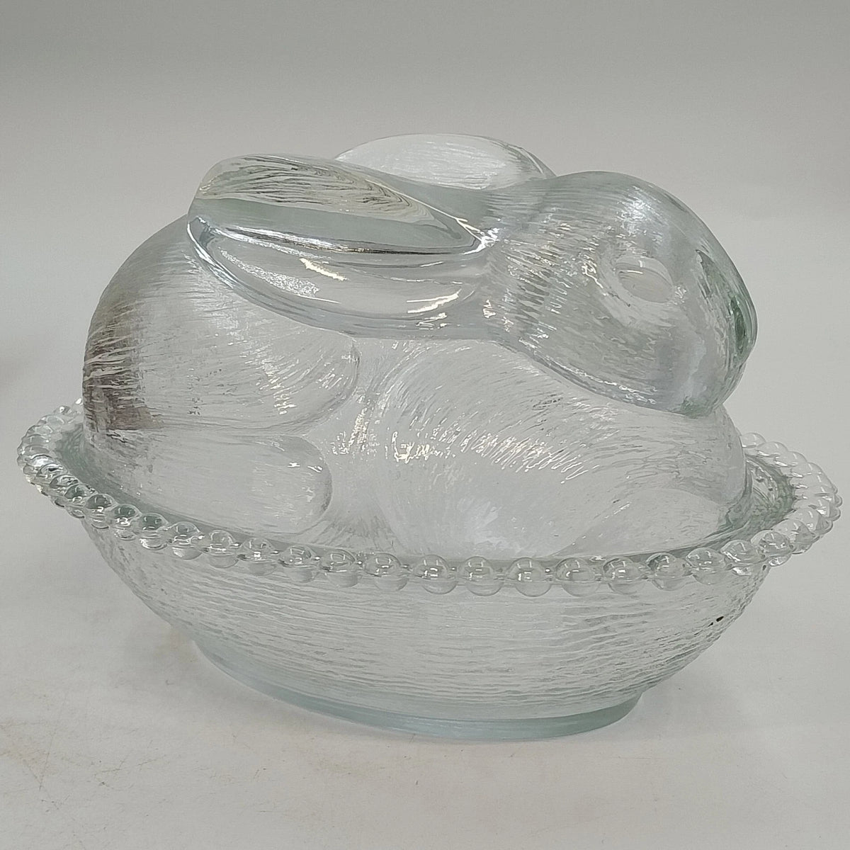 Indiana Glass Confections Bunny on Nest Candy Dish Clear Crystal w Lid USA Vtg