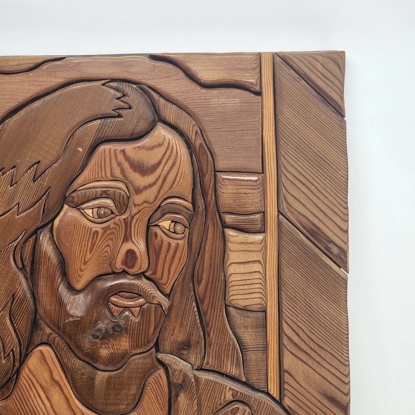 Wood Intarsia Jesus Christ Wall Art Carved Panel 24" Sq Religious Vintage