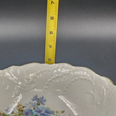 White Serving Vegetable Bowl w Blue Flower Floral Gold Scalloped Edge Embossed