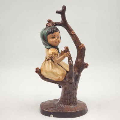 Vintage Ceramic Boy & Girl Figurine Pair – Sitting in Blooming Apple Trees – Hand-Painted Ceramic – Whimsical 11" Home Decor Set