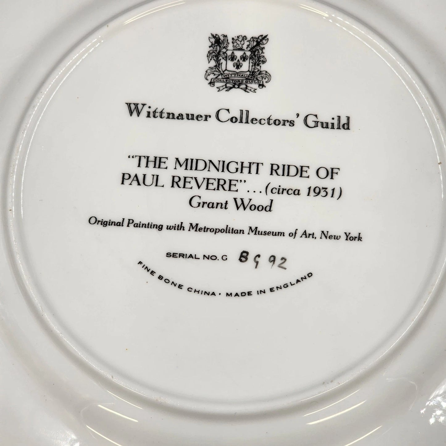 Wittnauer Collectors' Guild Plate GBG92 Midnight Ride by Paul Revere Grant Wood