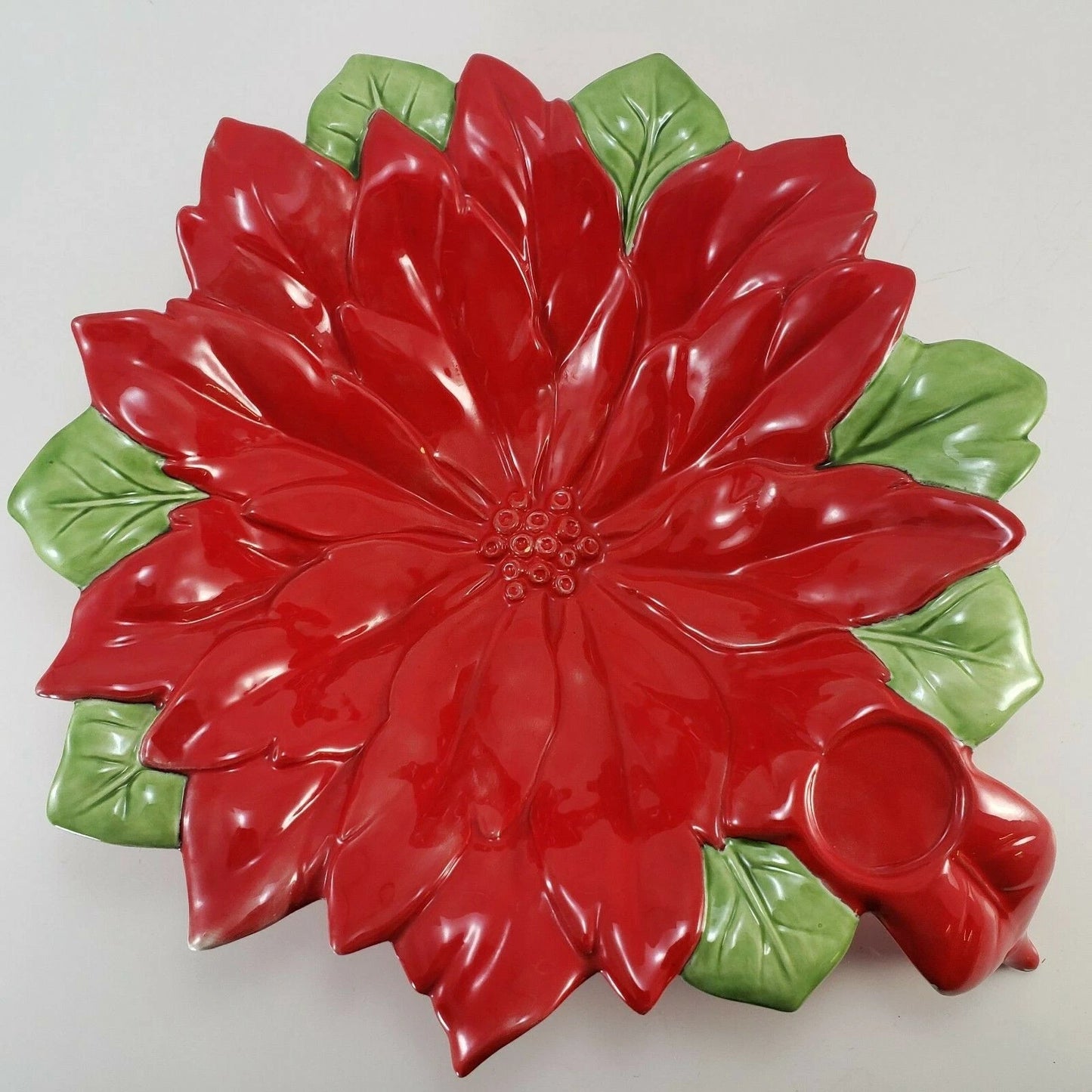 Poinsettia Flower Serving Bowl Dish 13" Vintage 70s Christmas Red Green Ceramic