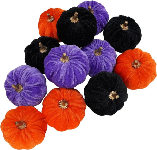 12 Pcs Assorted Small Faux Halloween Pumpkins Velvet Pumpkins Decorative 3"