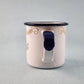 TrEs Enamel Tin Cup Small Mug Vintage Monterrey Mexico Flowers White w Blue Trim
