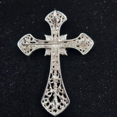Silvertone Iridescent Rhinestone Filigree Cross Brooch Pendant Religious Jewelry