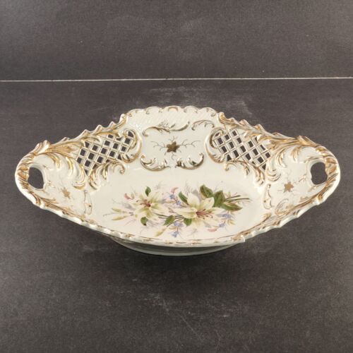 German Large Oval Porcelain Basket Bowl Intricate Reticulate Antique 13.5"x8.5"